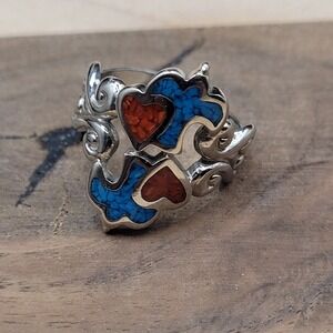Navajo Turquoise Red Coral Chip Inlay Silver Tone Scroll Ring Dove Heart Size 7